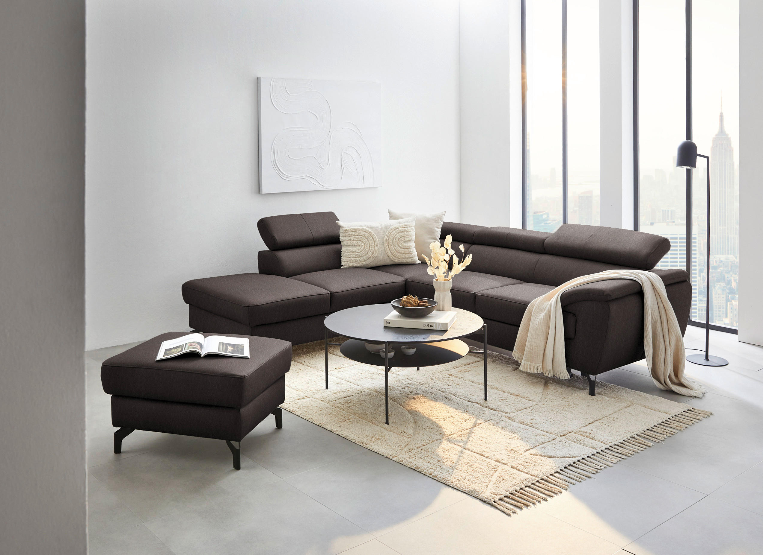 ECKSOFA in Lederlook Kombination Echtleder/Lederlook Dunkelbraun  - Dunkelbraun/Schwarz, Design, Leder/Textil (220/256cm) - Celina Home
