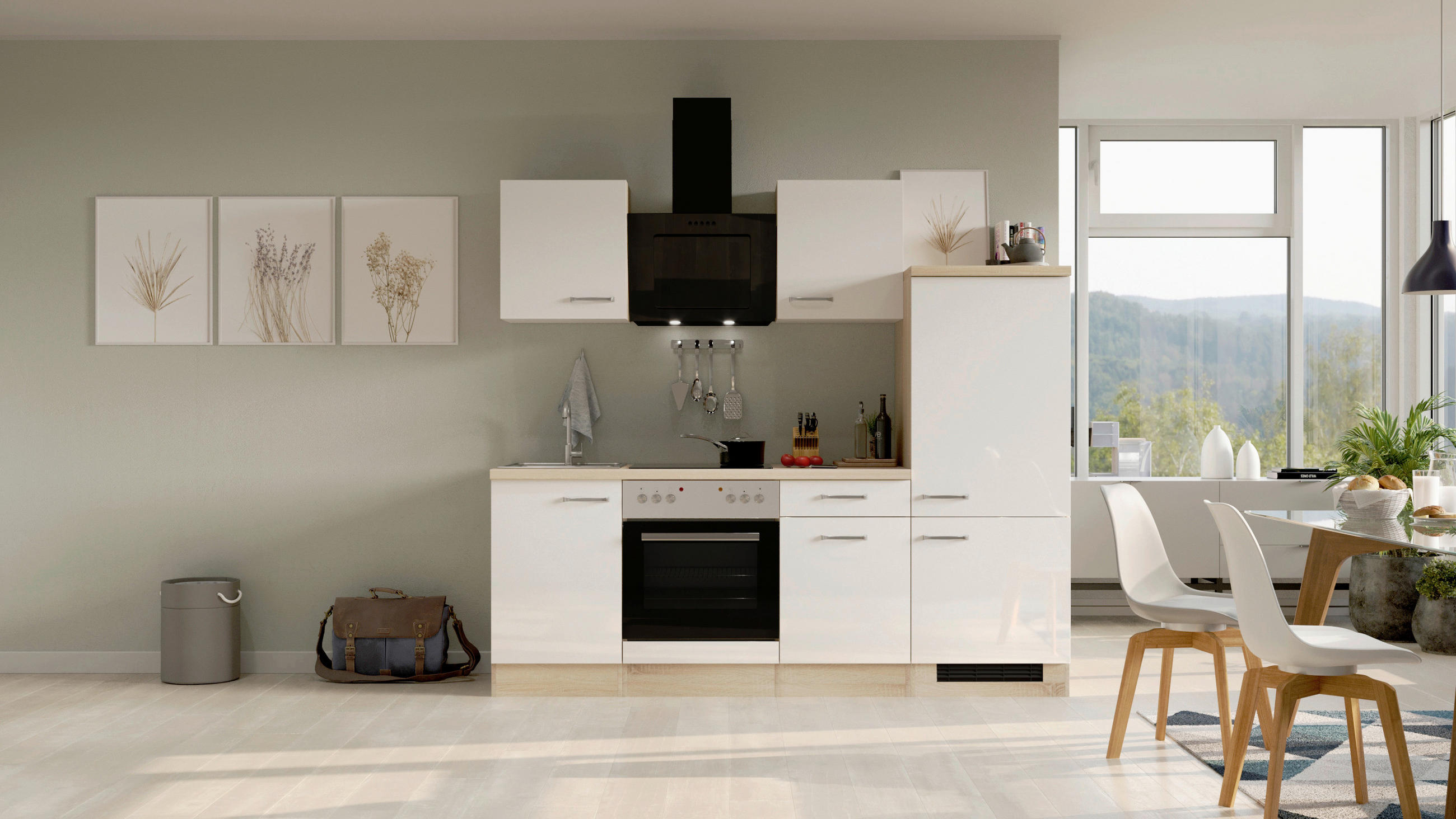 KUCHYNSKÁ LINKA VALERO 220 - biela s vysokým leskom/farba ušľachtilej ocele, Modern, kov/kompozitné drevo (220cm) - FlexWell
