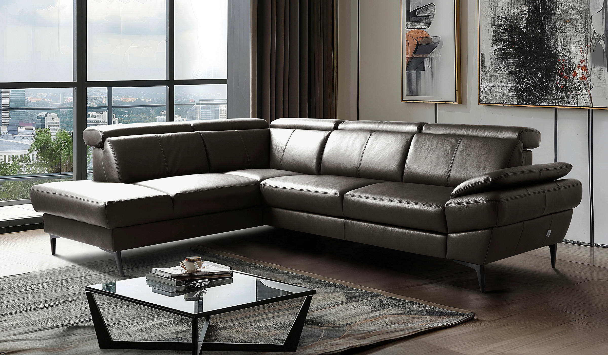 ECKSOFA  in Lederlook Echtleder Dunkelbraun  - Dunkelbraun/Schwarz, Design, Leder/Textil (211/264cm) - Livetastic