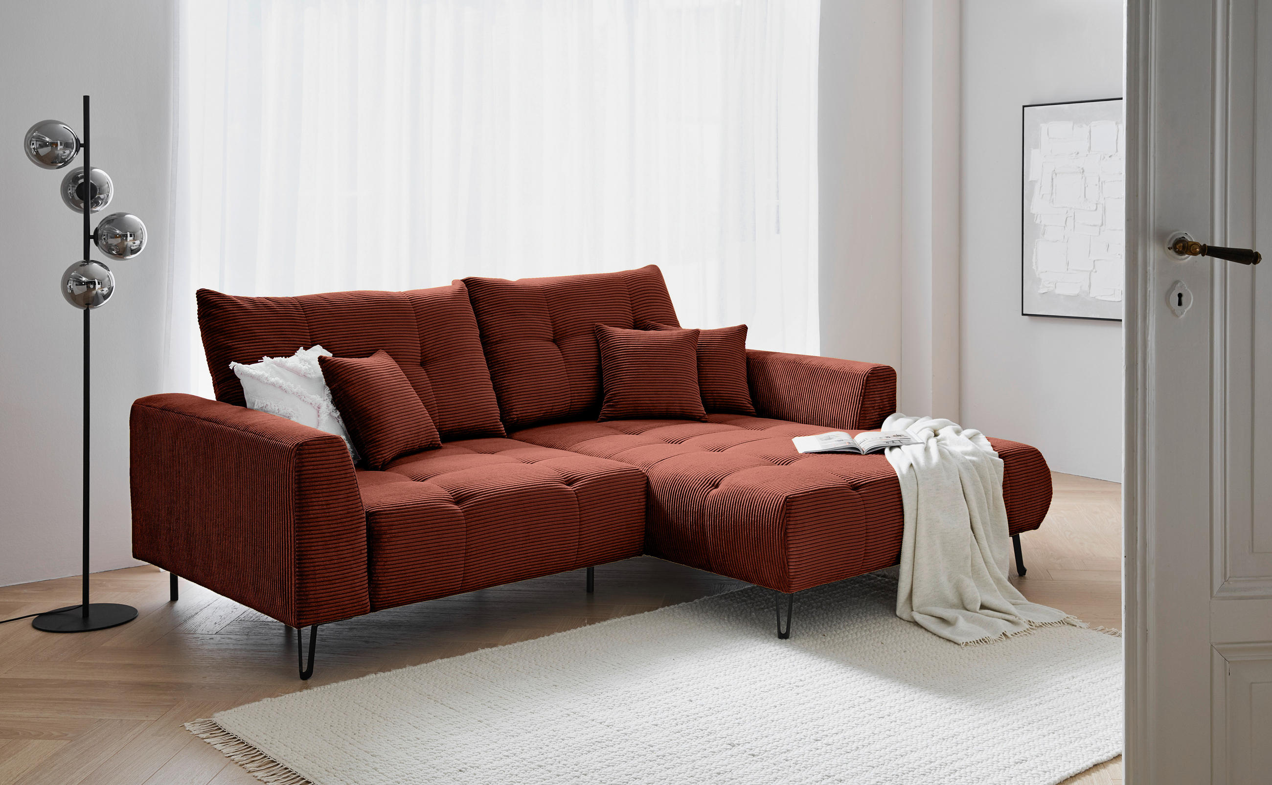 ECKSOFA in Cord Kupferfarben  - Schwarz/Kupferfarben, Konventionell, Textil/Metall (250/185cm) - Carryhome