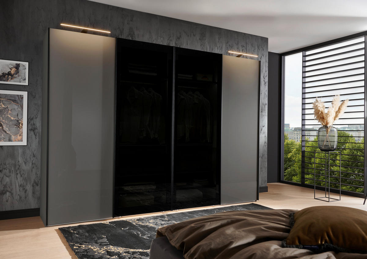 SCHWEBETÜRENSCHRANK  in Dunkelgrau, Lavagrau  - Dunkelgrau/Lavagrau, Design, Glas/Holzwerkstoff (330/236/67cm) - Novel