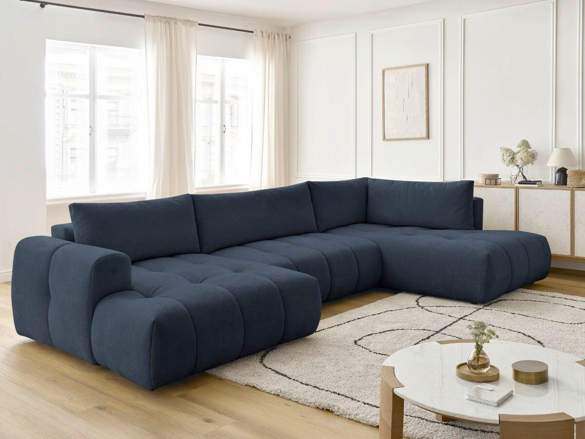 WOHNLANDSCHAFT  FUJI  Dunkelblau Leinenoptik  - Schwarz/Dunkelblau, MODERN, Kunststoff/Textil (160/377/204cm)