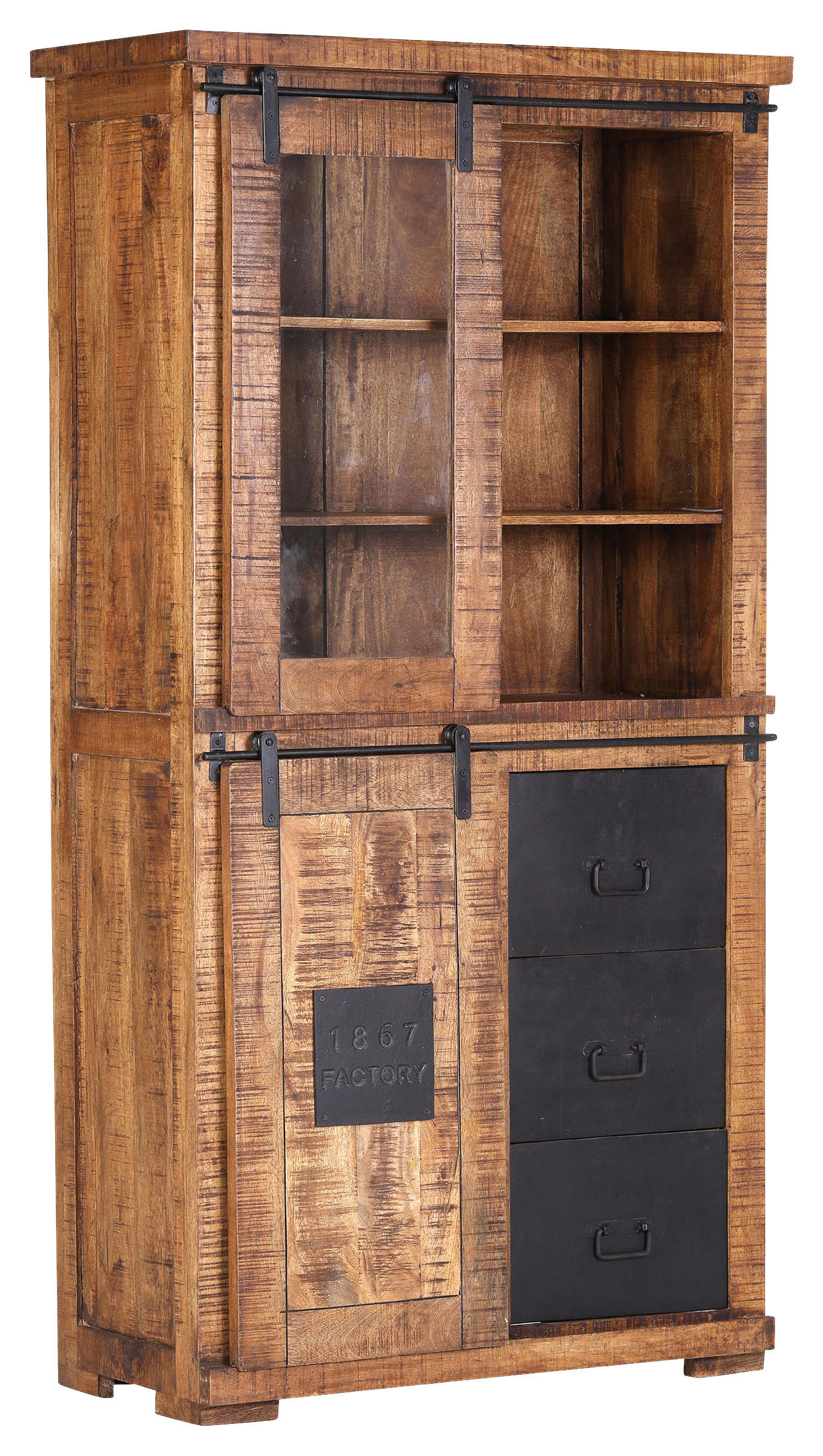 VITRINE  in massiv Mangoholz Naturfarben, Schwarz  - Schwarz/Naturfarben, LIFESTYLE, Glas/Holz (100/190/45cm) - Landscape