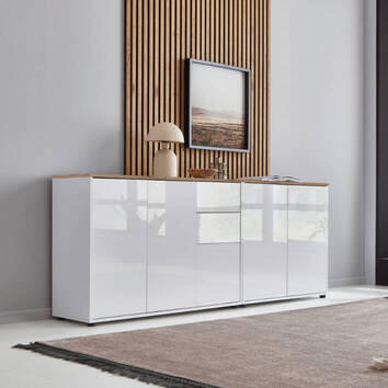 SIDEBOARD 184,5/73/33 cm  in Weiß, Eiche Artisan, Weiß Hochglanz  - Weiß Hochglanz/Schwarz, MODERN, Holzwerkstoff/Kunststoff (184,5/73/33cm) - MID.YOU