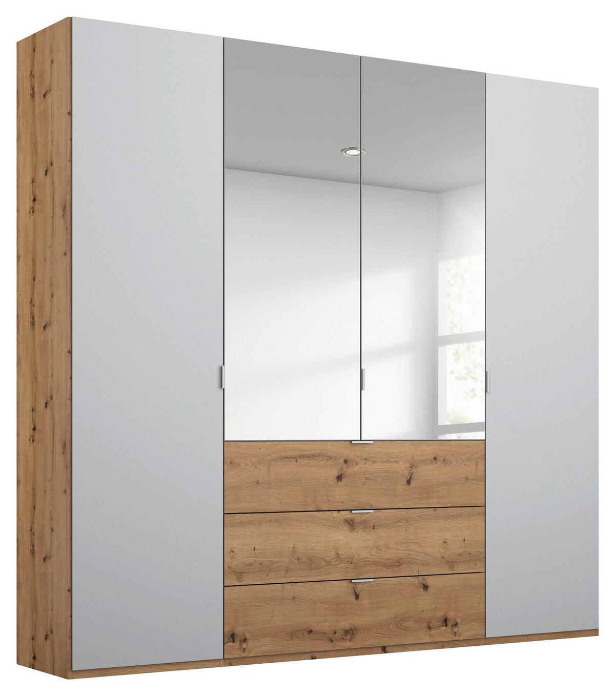 DREHTÜRENSCHRANK 4-türig Grau, Eichefarben  - Eichefarben/Alufarben, Trend, Glas/Holzwerkstoff (201/223/60cm) - Stylife