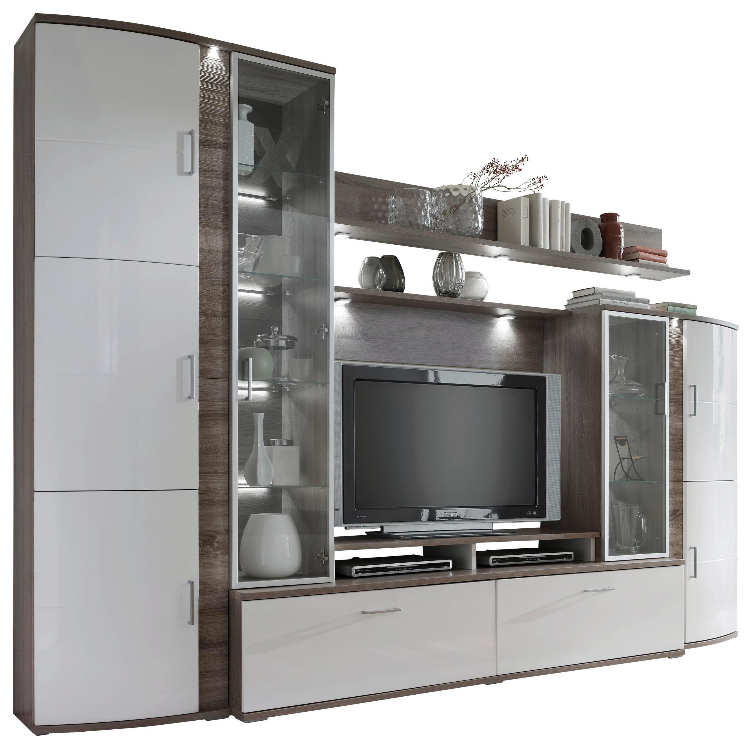 Wohnwand in Grau, Weiß, Eichefarben