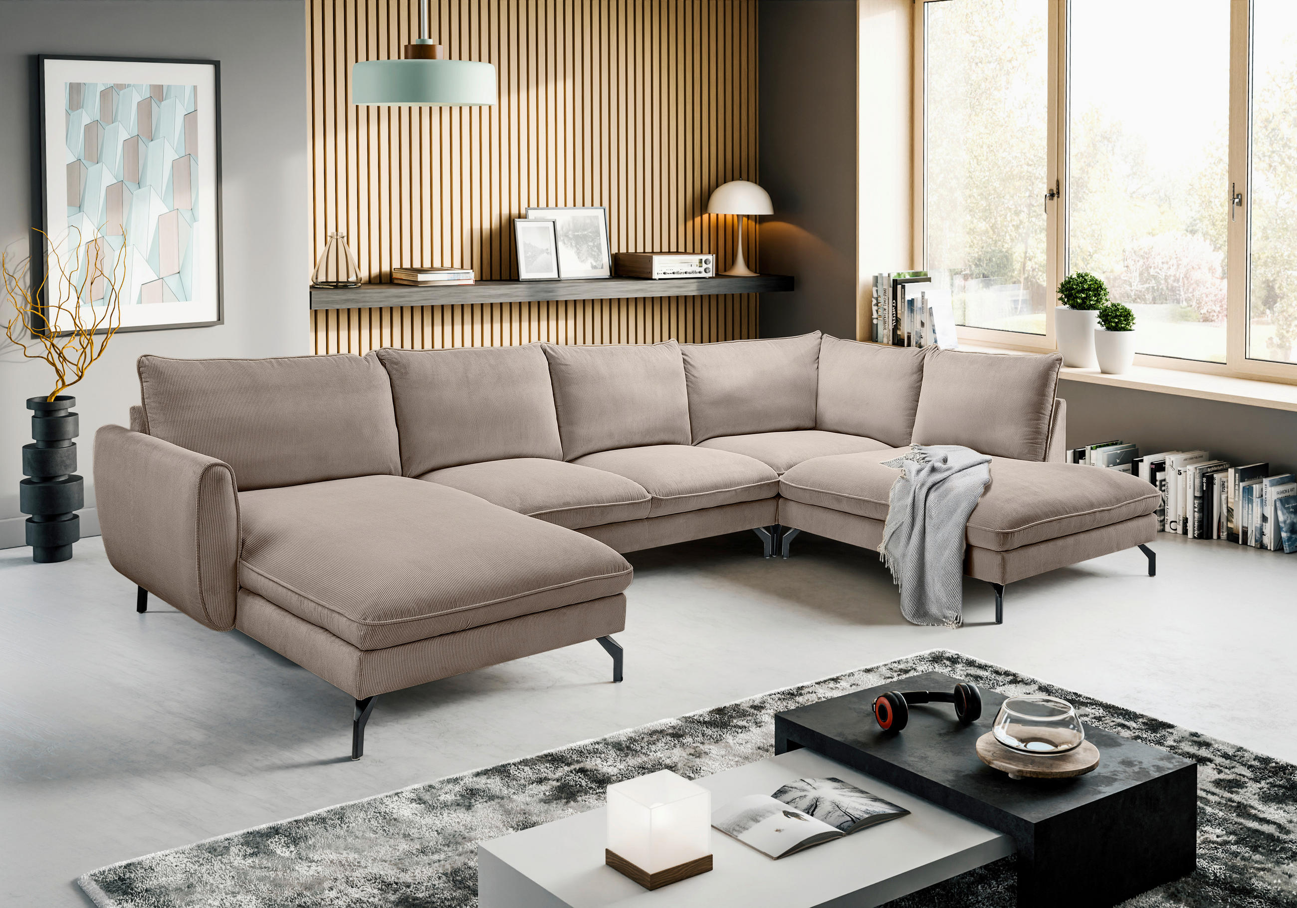 ECKSOFA TORONTO Beigebraun Cord  - Beigebraun/Schwarz, Basics, Textil/Metall (202/361cm) - MID.YOU