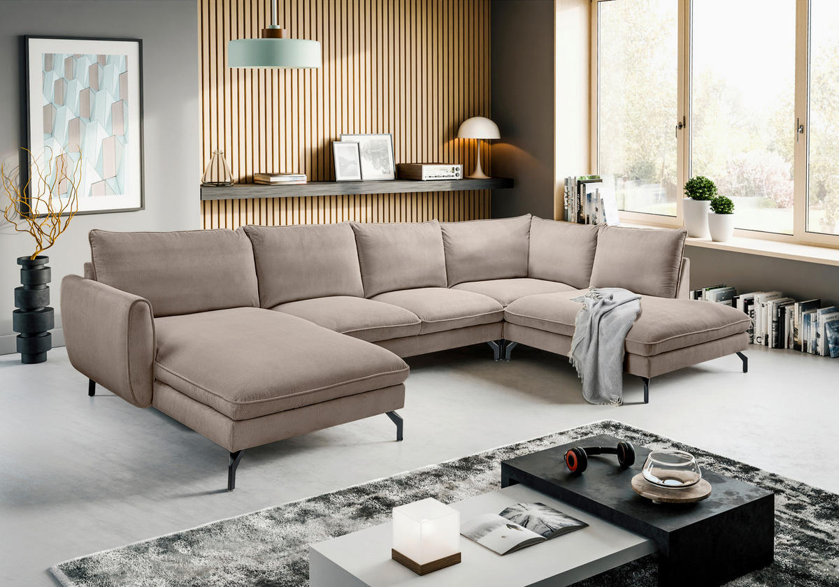 ECKSOFA TORONTO Beigebraun Cord  - Beigebraun/Schwarz, Basics, Textil/Metall (202/361cm) - MID.YOU