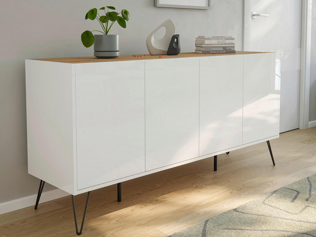 SIDEBOARD Posseik Industrial 155/75,8/42 cm  - Weiß Hochglanz/Eichefarben, Design, Holzwerkstoff/Metall (155/75,8/42cm) - MID.YOU