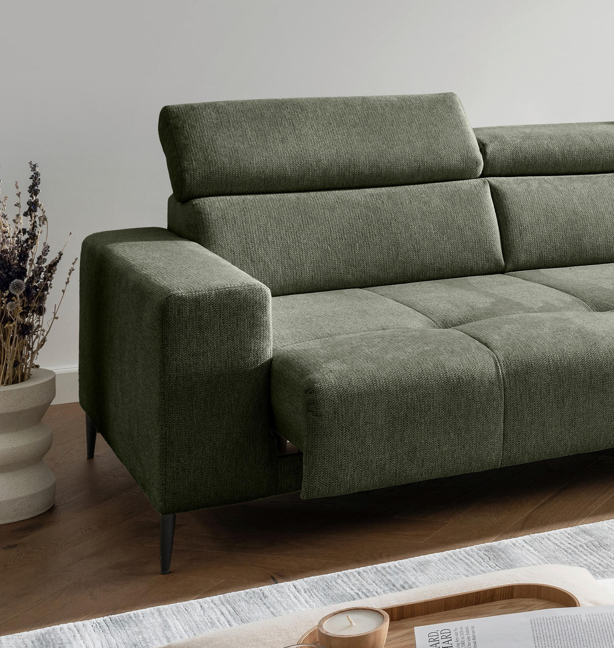 ECKSOFA INTERA Dunkelgrün Struktur Kopfteilverstellung, Sitzvorzug  - Dunkelgrün/Schwarz, KONVENTIONELL, Textil/Metall (305/225cm) - Livetastic