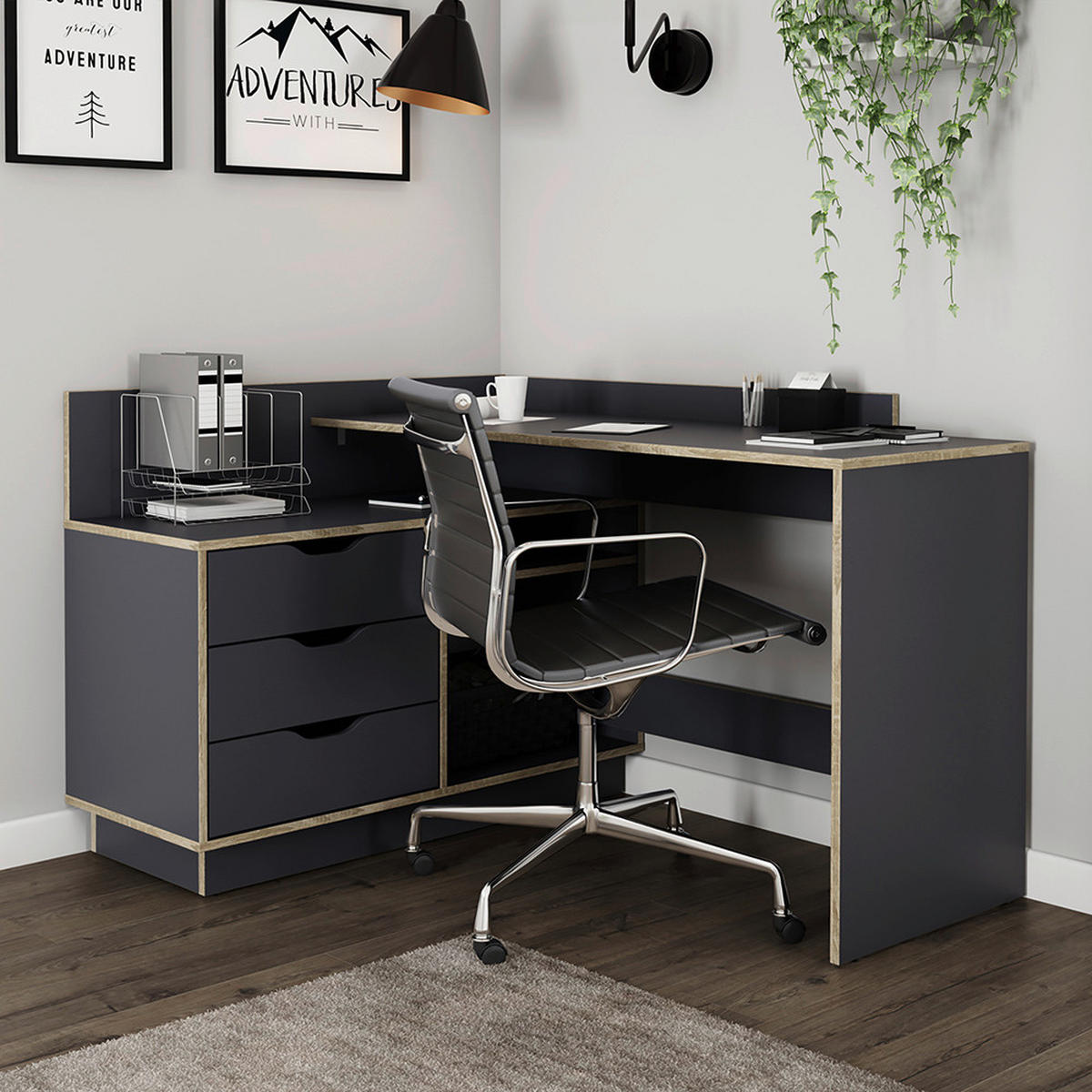 ECKSCHREIBTISCH 129/105/84 cm Anthrazit, Eichefarben seitenverkehrt montierbar, in verschiedenen Holz-Dekoren erhältlich  - Eichefarben/Anthrazit, LIFESTYLE, Holzwerkstoff (129/105/84cm) - MID.YOU