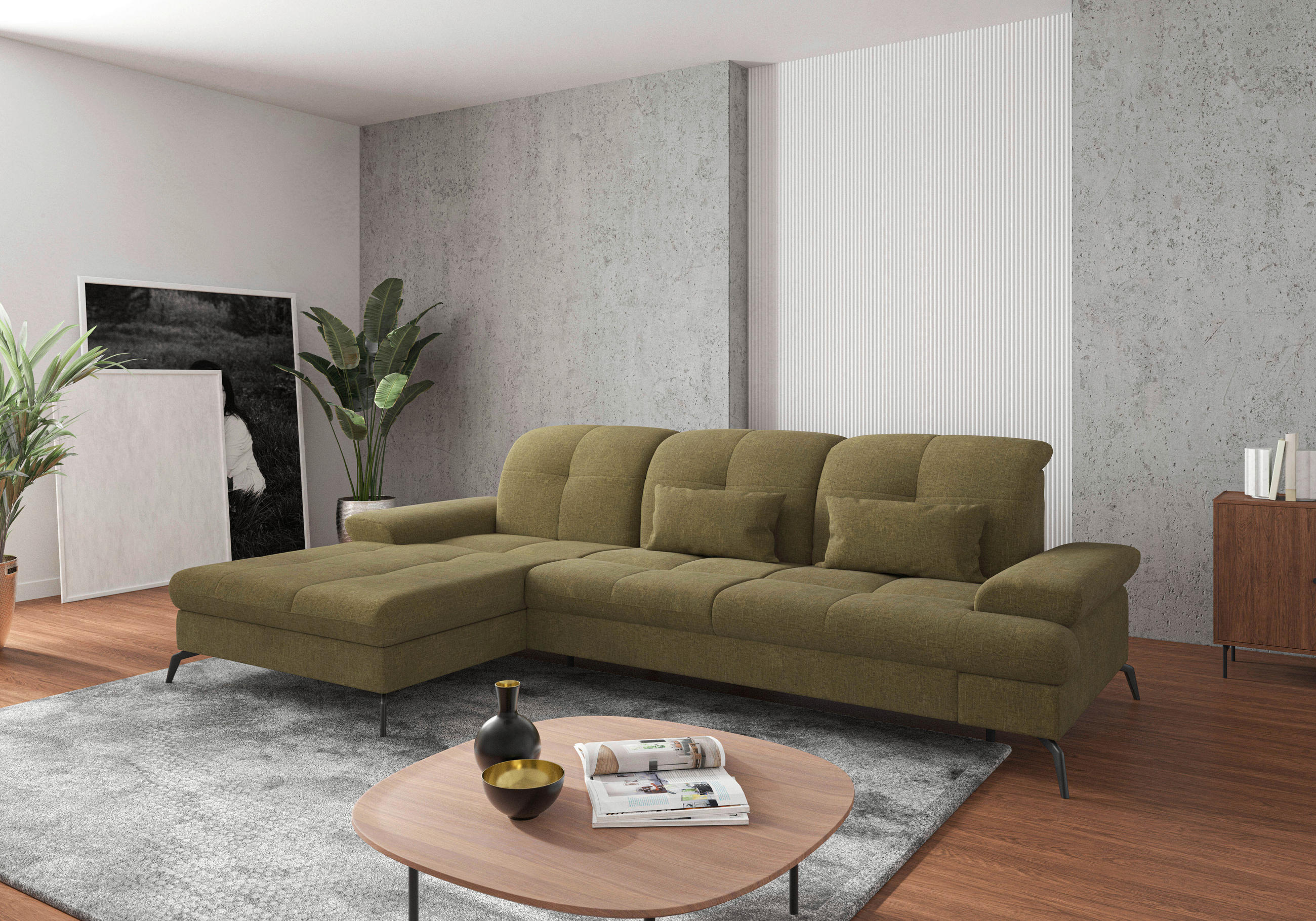 ECKSOFA Olivgrün Flachgewebe Bettkasten, Armteilverstellung, Kopfteilverstellung, Sitztiefenverstellung, Liegefläche im Originalstoff  - Schwarz/Olivgrün, KONVENTIONELL, Textil/Metall (185/279cm) - Sit & More