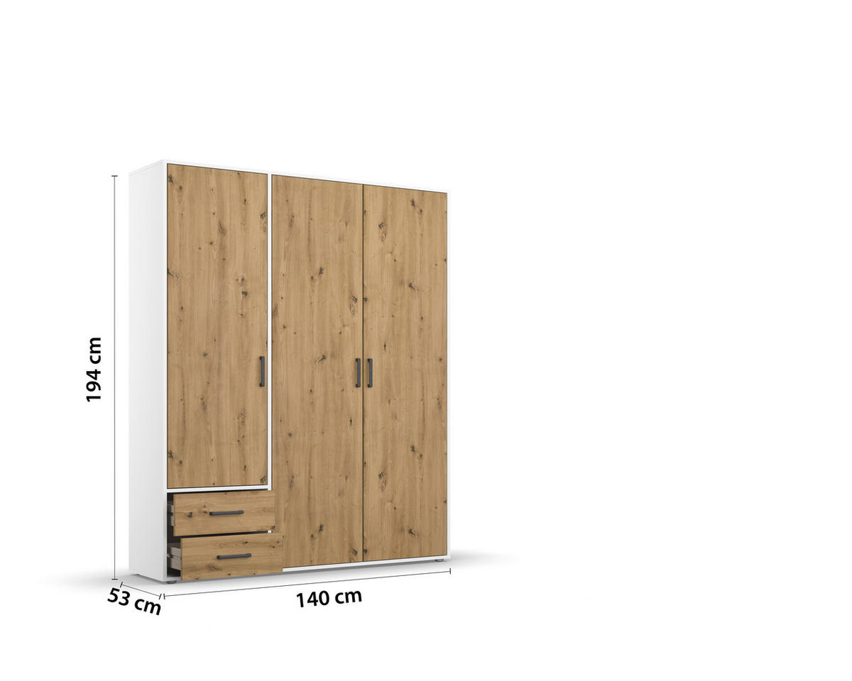 DREHTÜRENSCHRANK in Weiss, Eiche Artisan  - Weiss/Eiche Artisan, Modern, Holzwerkstoff/Kunststoff (140/194/53cm) - Rauch Möbel