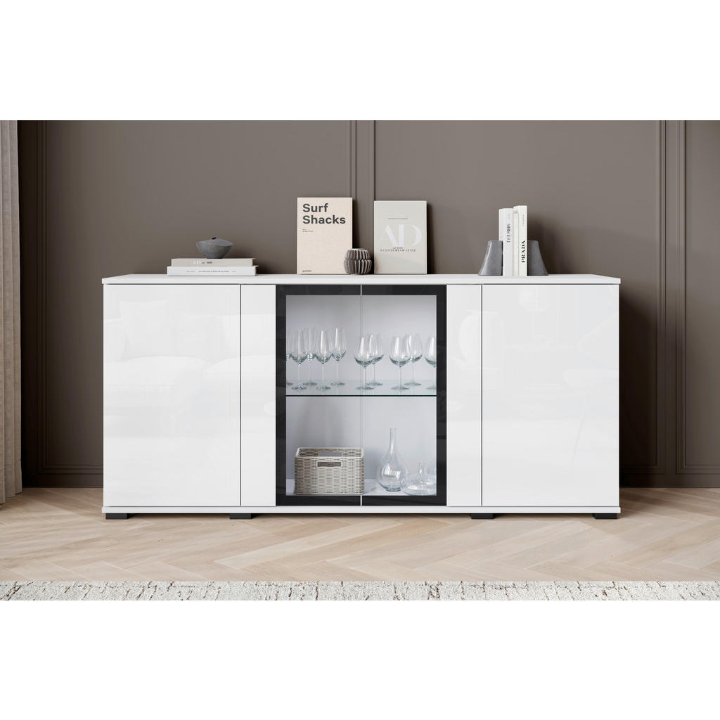 Thumbnail - Livetastic Sideboard Caro, Weiß, Weiß Hochglanz, Glas, Holzwerkstoff, 3 Fächer, 150x69.7x39.5 cm, Fsc, stehend, Schlafzi...