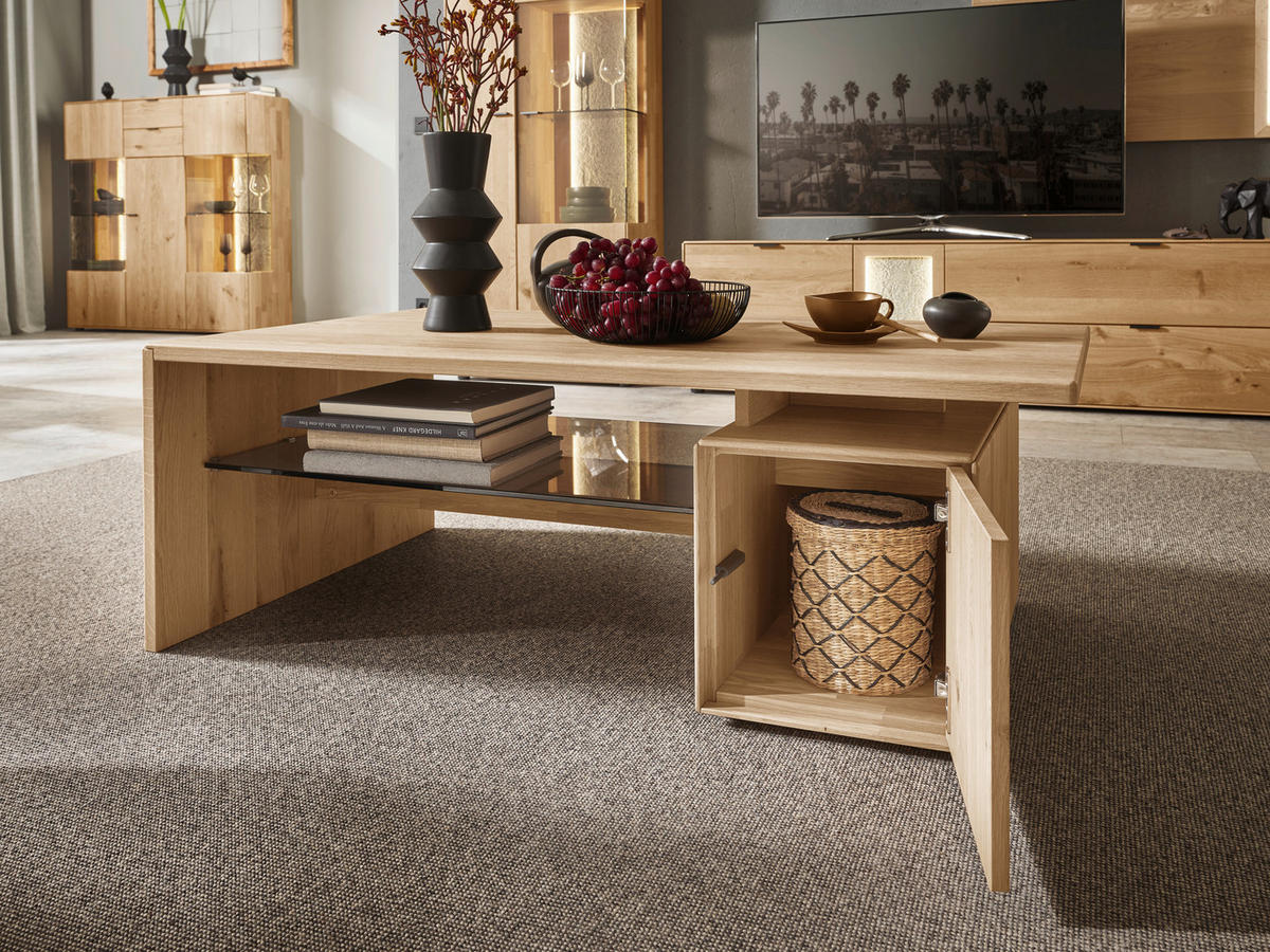COUCHTISCH Wildeiche massiv Klarglas 120/70/42 cm rechteckig  - Natur, Glas/Holz (120/70/42cm) - Valnatura