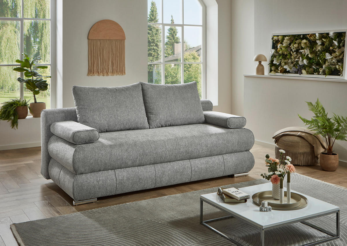SCHLAFSOFA Webstoff Grau  inkl. Rückenkissen, Armlehnenkissen, Bettkasten, Schlaffunktion, Rücken echt, Liegefläche im Originalstoff  - Edelstahlfarben/Grau, KONVENTIONELL, Textil/Metall (199/95/97cm) - Carryhome