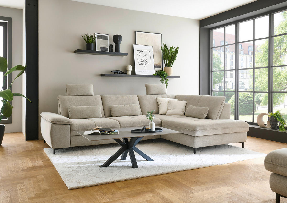 ECKSOFA Flachgewebe Sandfarben  - Sandfarben/Schwarz, Design, Textil/Metall (308/214cm) - Beldomo Speed