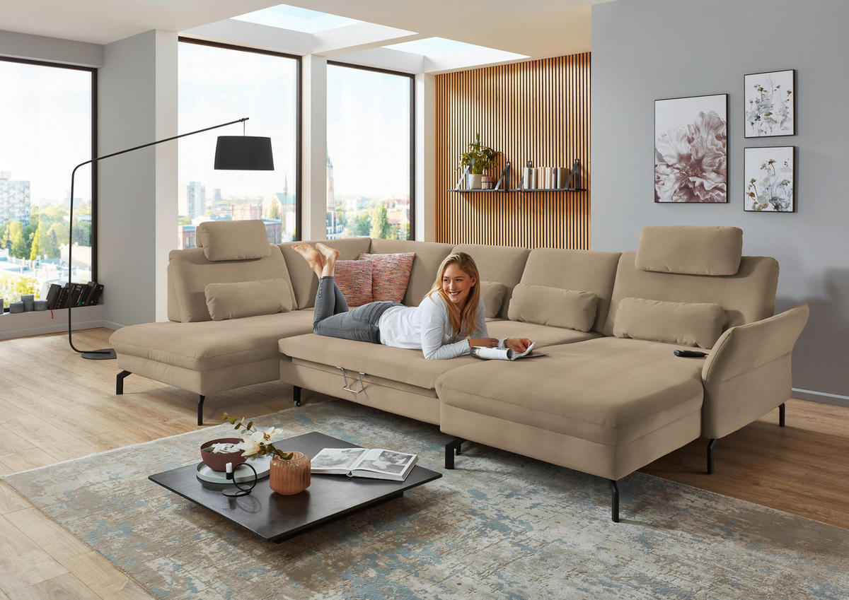 WOHNLANDSCHAFT in Velours Sandfarben  - Sandfarben/Schwarz, Design, Textil/Metall (220/335/179cm) - Beldomo System