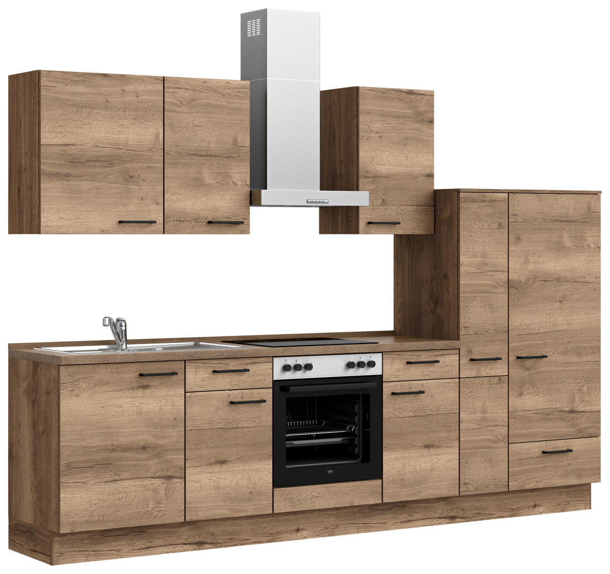 KÜCHENBLOCK 300 cm   in Eiche dunkel  - Eiche dunkel/Eichefarben, MODERN, Holzwerkstoff/Metall (300cm) - Nobilia