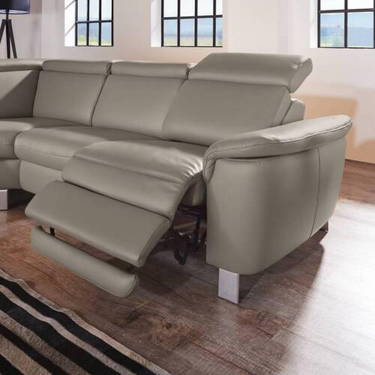 ECKSOFA in Echtleder Graubraun  - Graubraun/Alufarben, Design, Leder/Metall (239/271cm) - Cantus