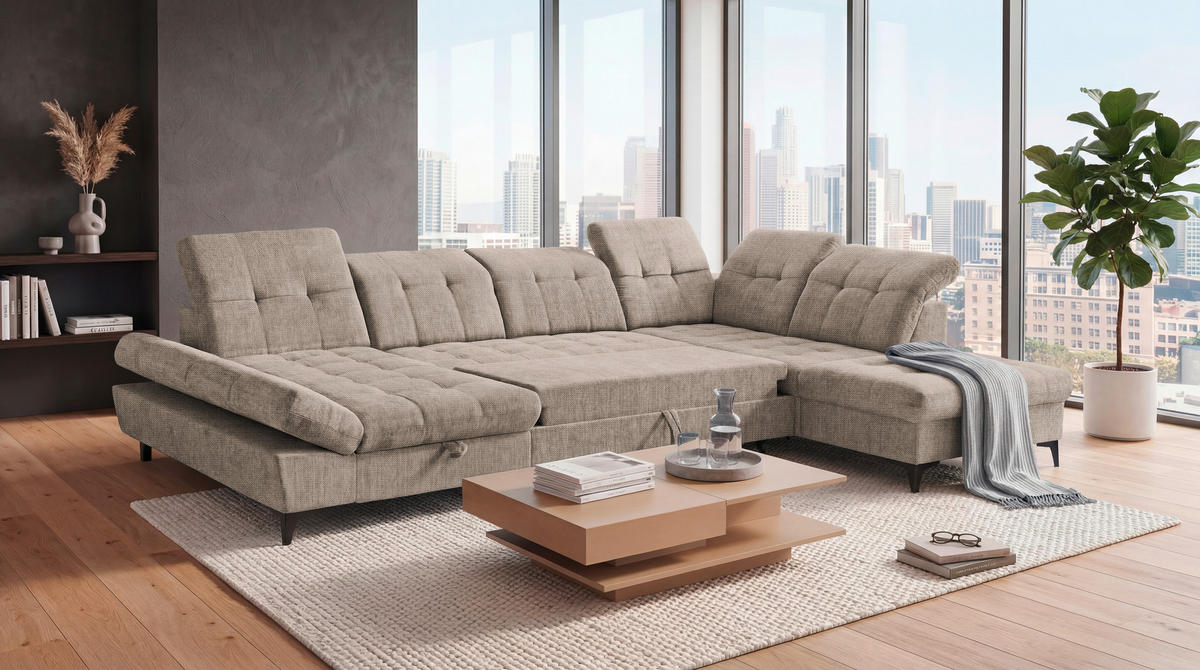 WOHNLANDSCHAFT Mikrovelours Beige  - Beige/Schwarz, Modern, Kunststoff/Textil (169/348/245cm) - MID.YOU