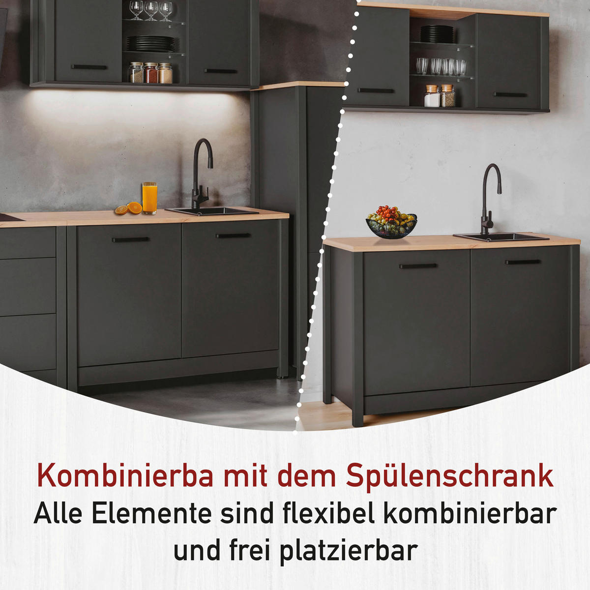 HÄNGESCHRANK 130,3/57,5/33 cm  - Anthrazit/Schwarz, MODERN, Glas/Holzwerkstoff (130,3/57,5/33cm) - home24