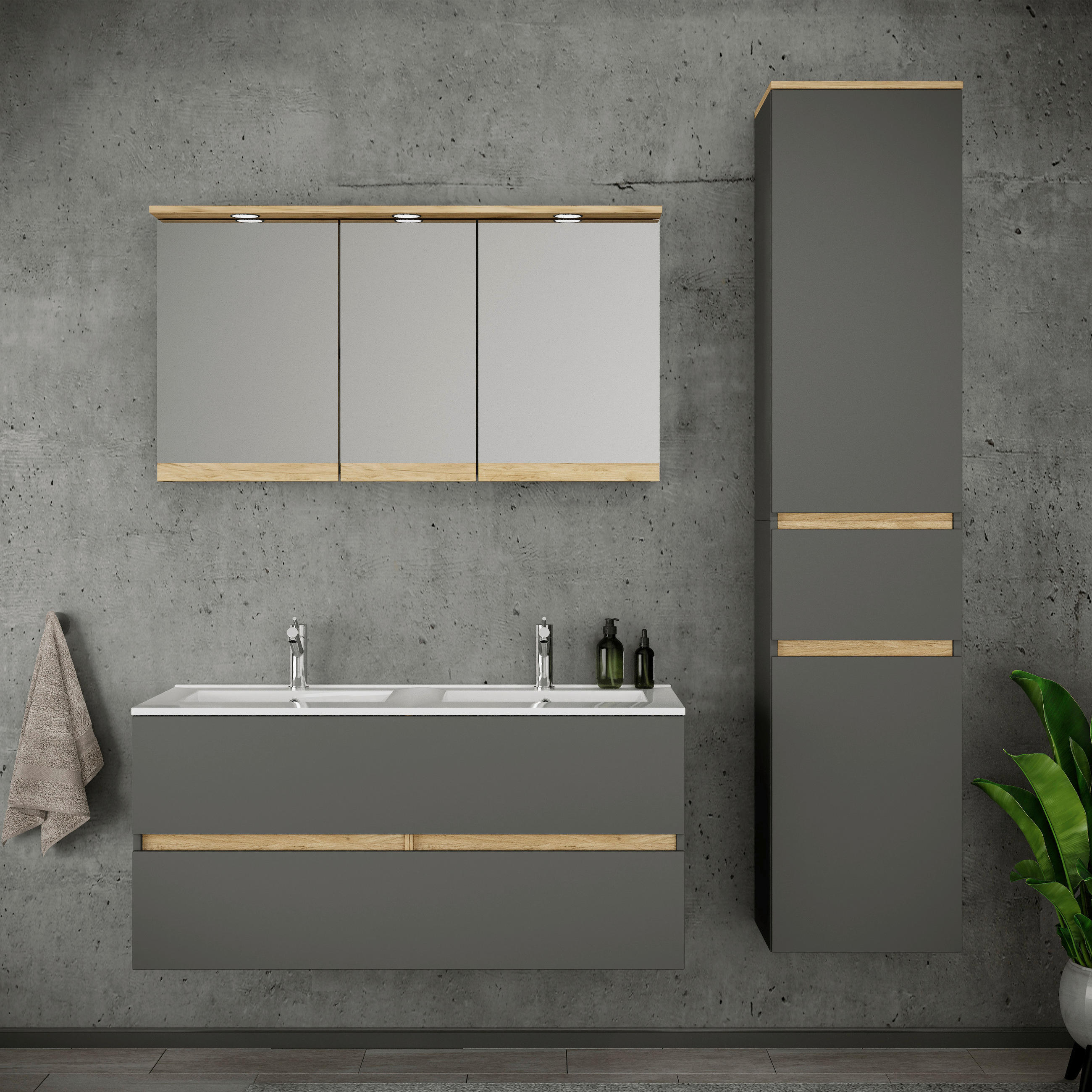 BADEZIMMER 4-teilig  in 152 cm  - Honigeiche/Anthrazit, Trend, Keramik/Holzwerkstoff (152cm) - MID.YOU