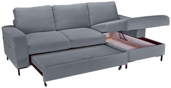 ECKSOFA Dunkelgrau Cord Rückenkissen, Bettkasten, Schlaffunktion, Rücken echt, Liegefläche im Originalstoff  - Dunkelgrau/Schwarz, KONVENTIONELL, Textil/Metall (240/150cm) - Carryhome