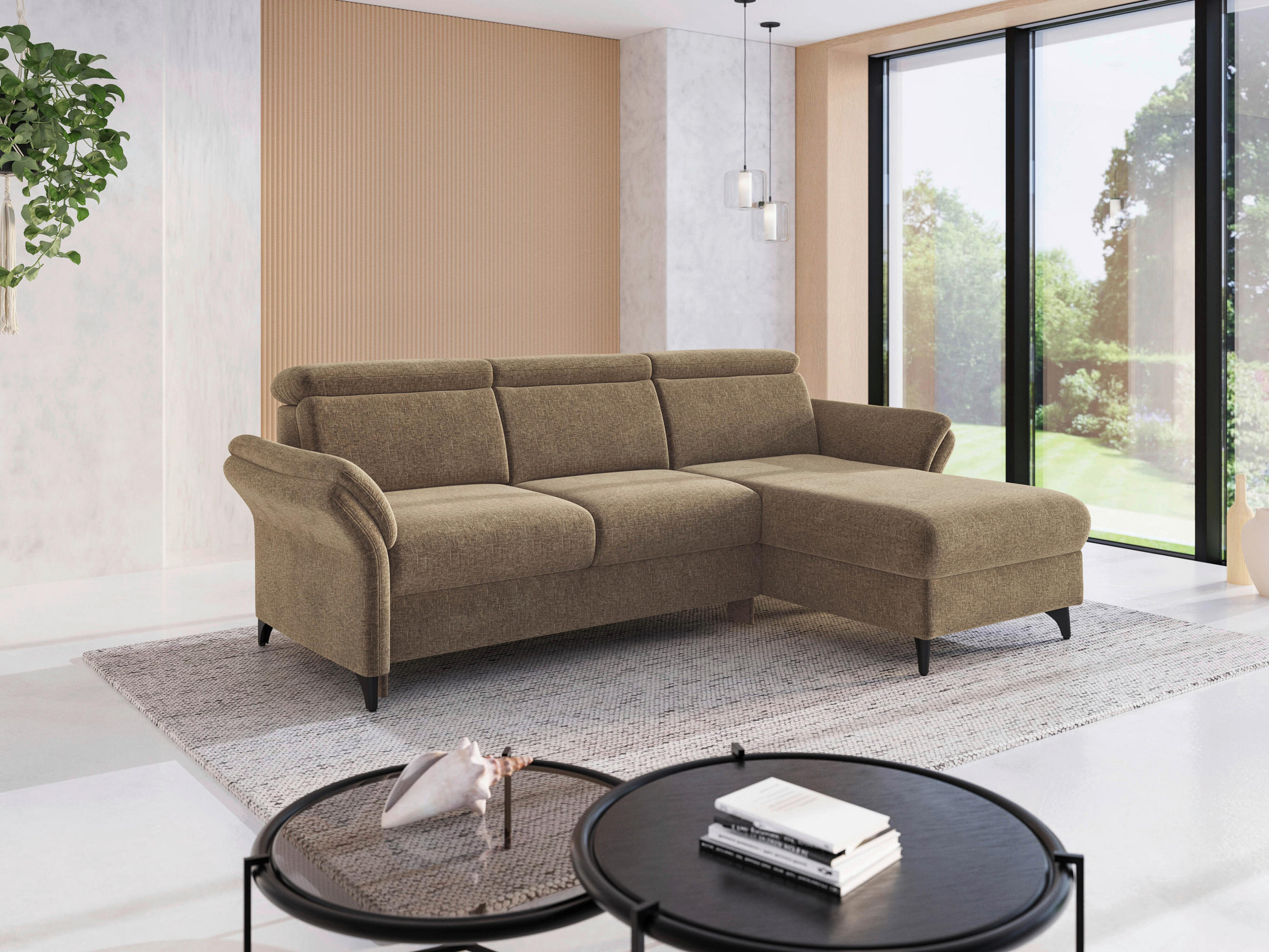 ECKSOFA GLENDALE E Hellbraun Flachgewebe  - Hellbraun/Schwarz, KONVENTIONELL, Textil/Metall (253/166cm) - Sit & More
