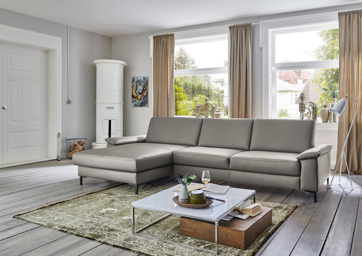 ECKSOFA in Echtleder Hellgrau  - Hellgrau/Schwarz, Design, Leder/Metall (176/334cm) - Dieter Knoll