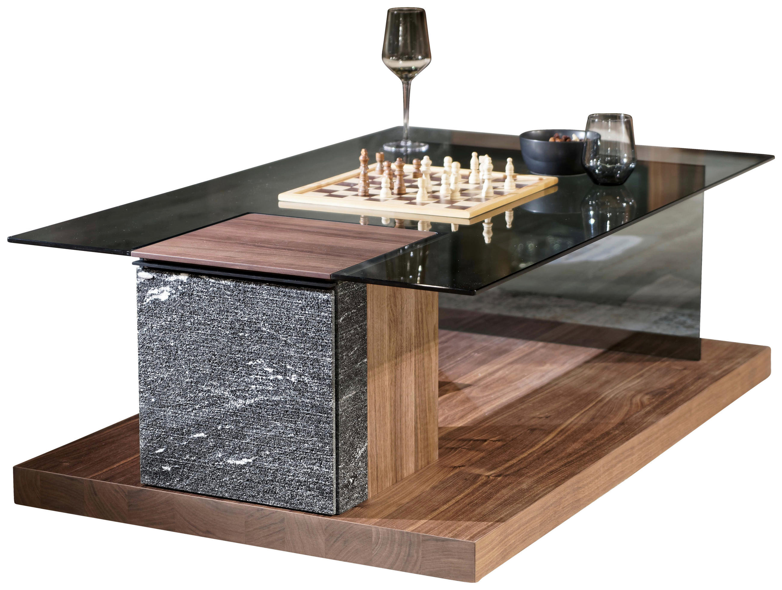 COUCHTISCH in Holz, Glas, Stein 120,6/75,6/42,3 cm  - Walnussfarben/Schwarz, Design, Glas/Holz (120,6/75,6/42,3cm) - Voglauer