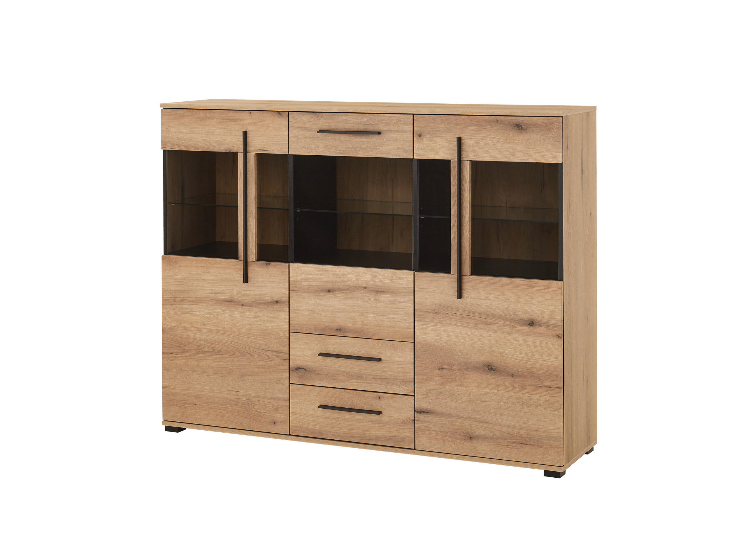 HIGHBOARD  160/126/42 cm 2 Schublade(n)  - Eichefarben/Schwarz, Design, Glas/Holzwerkstoff (160/126/42cm) - Livetastic