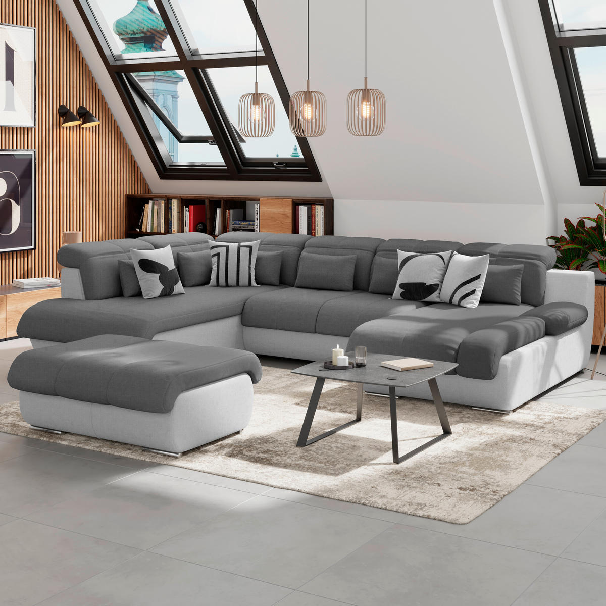 WOHNLANDSCHAFT in Mikrofaser Hellgrau, Dunkelgrau  - Chromfarben/Dunkelgrau, Modern, Textil/Metall (228/345/184cm) - MID.YOU