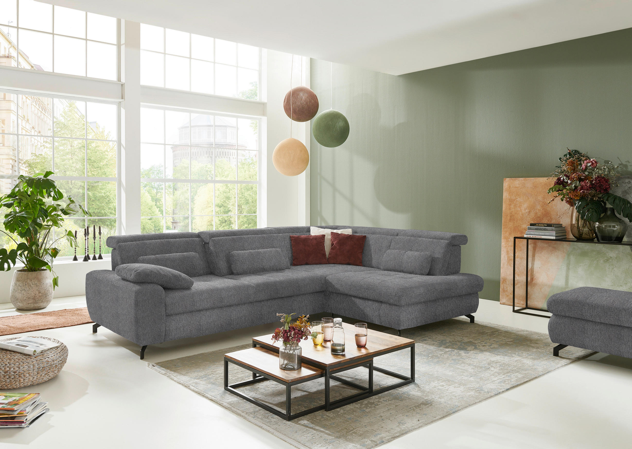ECKSOFA in Chenille Grau  - Schwarz/Grau, Design, Textil/Metall (310/220cm) - Beldomo Style