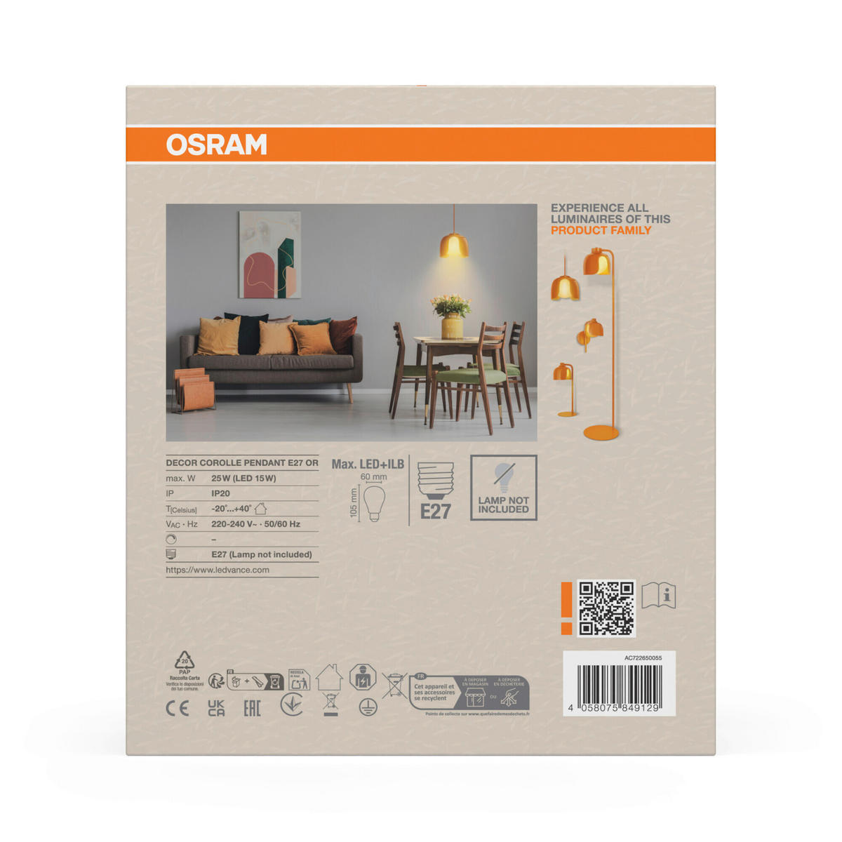 HÄNGELEUCHTE 20/121,5 cm  - Orange, Basics, Glas/Metall (20/121,5cm) - Osram