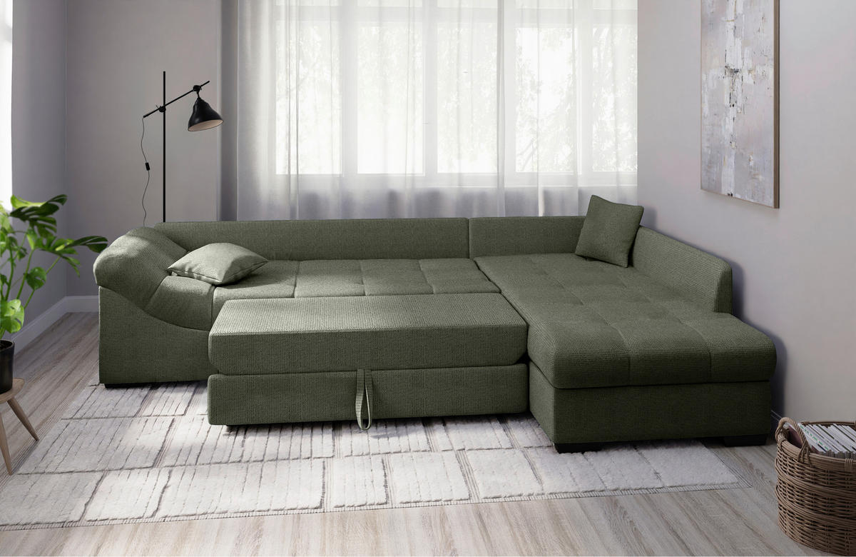 ECKSCHLAFSOFA in Dunkelgrün Textil   - Dunkelgrün/Schwarz, Modern, Holz/Textil (298/202cm) - MID.YOU