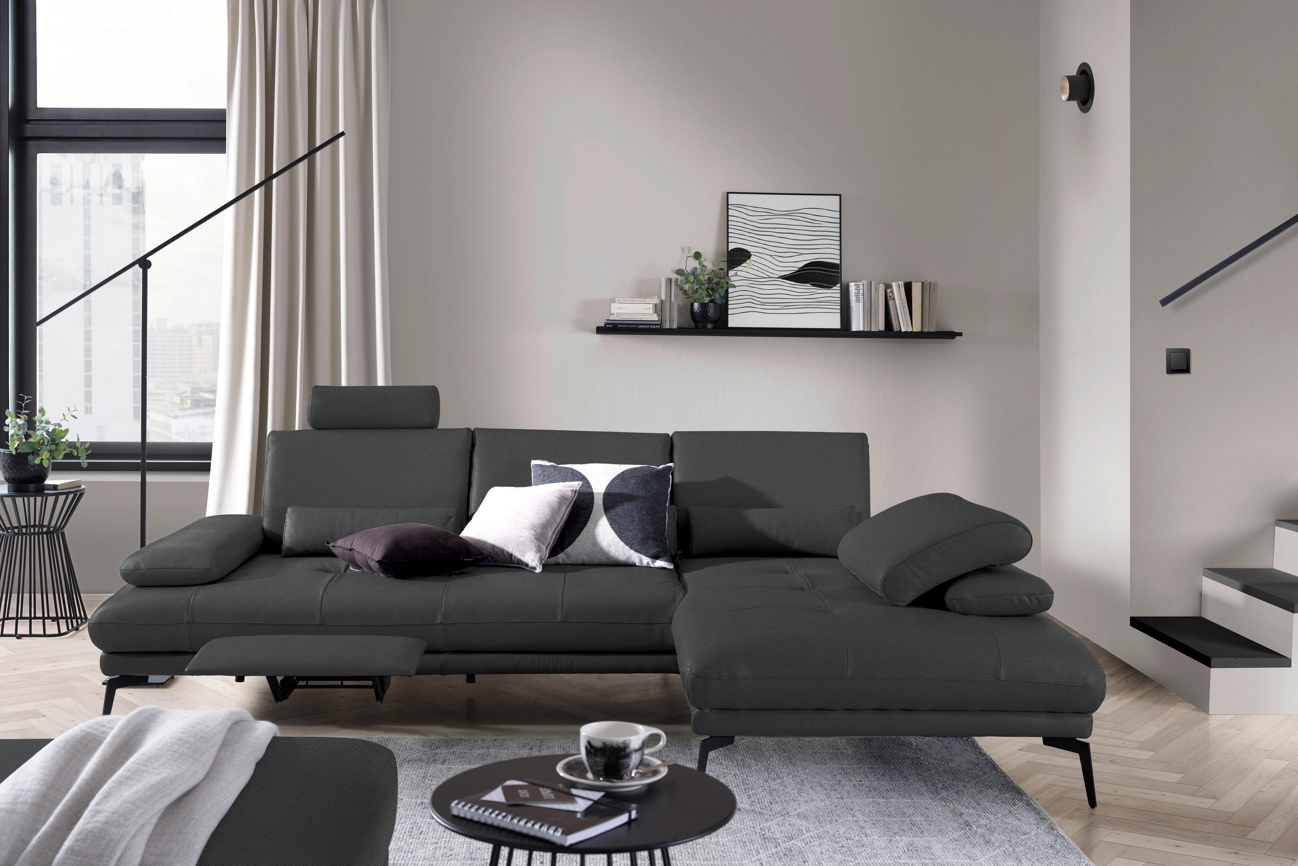 ECKSOFA Anthrazit Echtleder  - Anthrazit/Schwarz, Design, Leder/Metall (273/187cm) - Celina Home