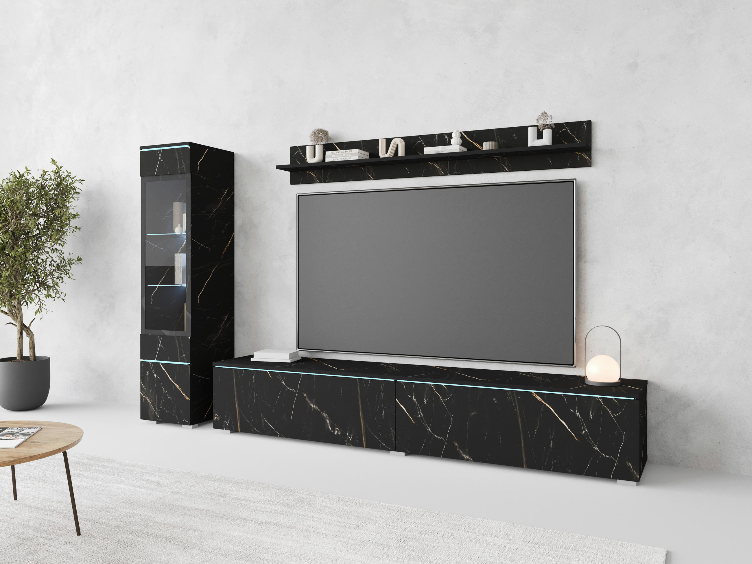 WOHNWAND Vera 3-teilig in Schieferfarben 210/130/33 cm - Schieferfarben/Grau, Basics, Glas/Holzwerkstoff (210/130/33cm) - P & B