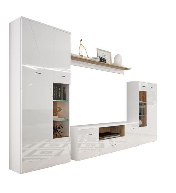 WOHNWAND Weiß, Eichefarben Beleuchtung, Einlegeböden  - Eichefarben/Silberfarben, MODERN, Glas/Holzwerkstoff (340/196/40cm) - MID.YOU