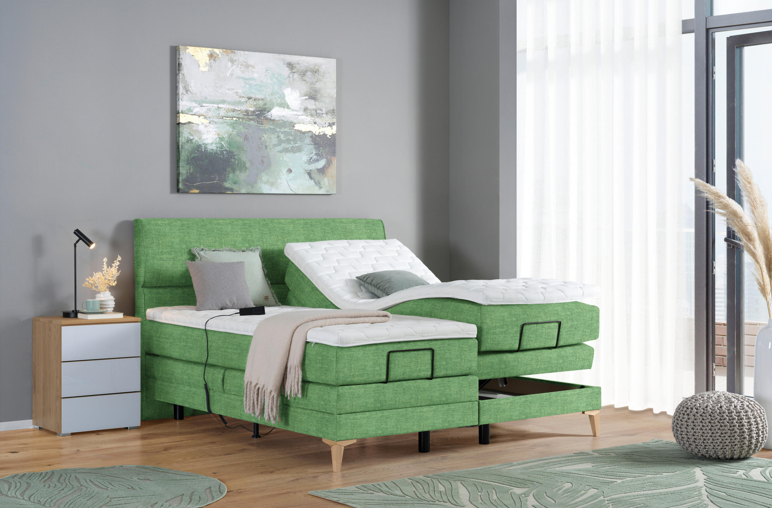 BOXSPRINGBETT 160/200 cm  in Grün  - Eichefarben/Grün, Konventionell, Holz/Textil (160/200cm) - Voleo