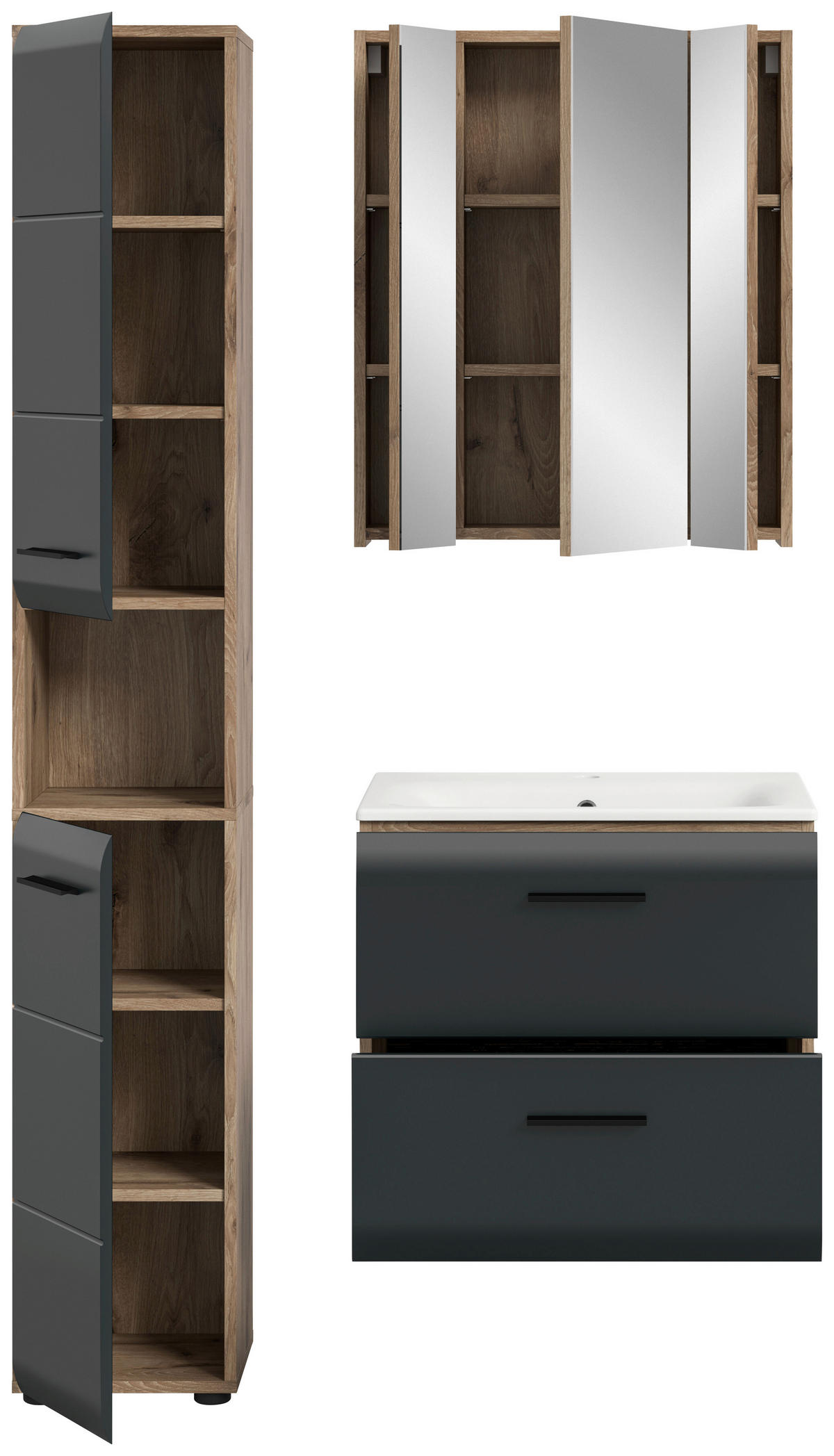 BADEZIMMER 3-teilig  in 90 cm  - Eiche dunkel/Schwarz, Basics, Keramik/Holzwerkstoff (90cm) - MID.YOU