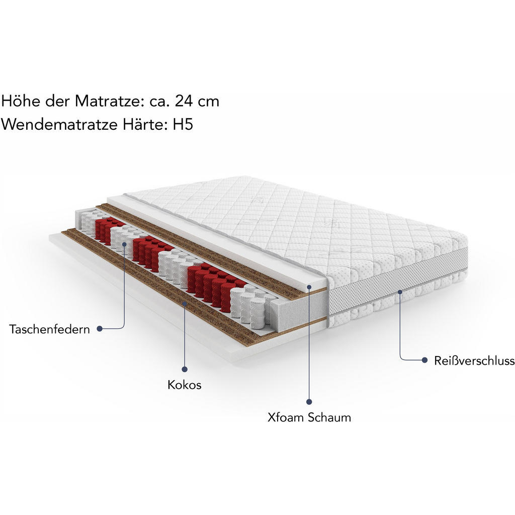 Thumbnail - Chameo Taschenfederkernmatratze, Weiß, Textil, H5, 140x200 cm, Bezug abnehmbar/waschbar, Ober- und Unterseite versteppt,...