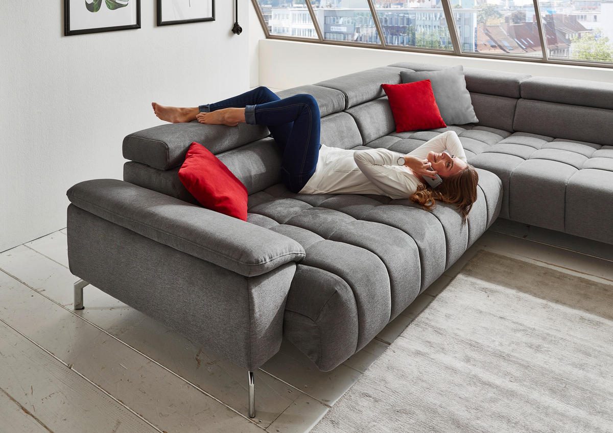 ECKSOFA Grau Chenille  - Chromfarben/Grau, Design, Textil/Metall (323/222cm) - Beldomo Style