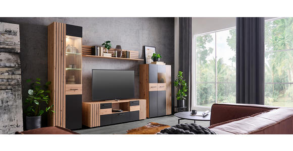 WOHNWAND in Schwarz, Eiche Artisan 330/205/45 cm - Schwarz/Eiche Artisan, Design, Glas/Holzwerkstoff (330/205/45cm) - Carryhome