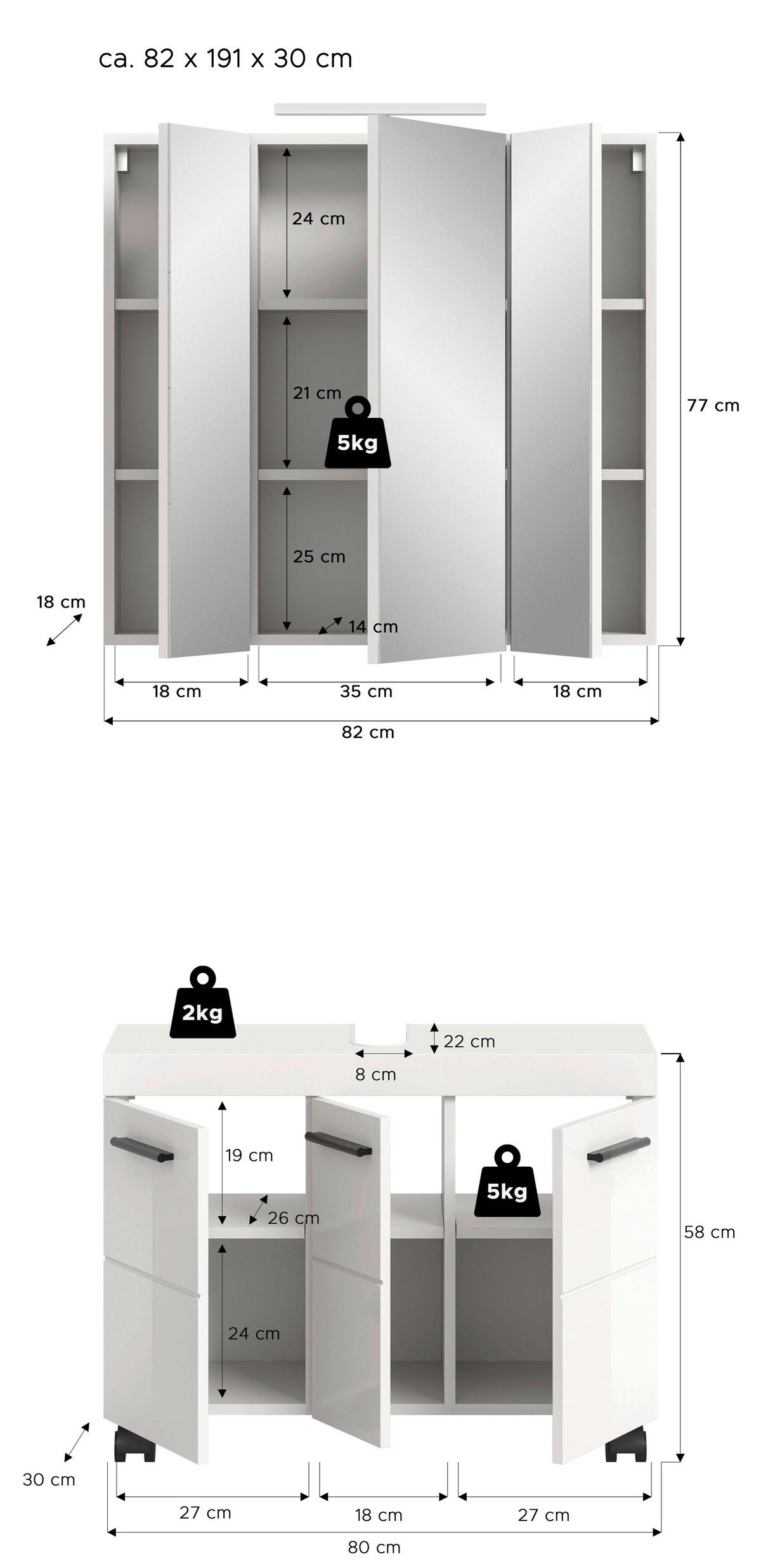 BADEZIMMER 2-teilig  in 82 cm  - Weiß Hochglanz/Schwarz, Trend, Glas/Holzwerkstoff (82cm) - MID.YOU