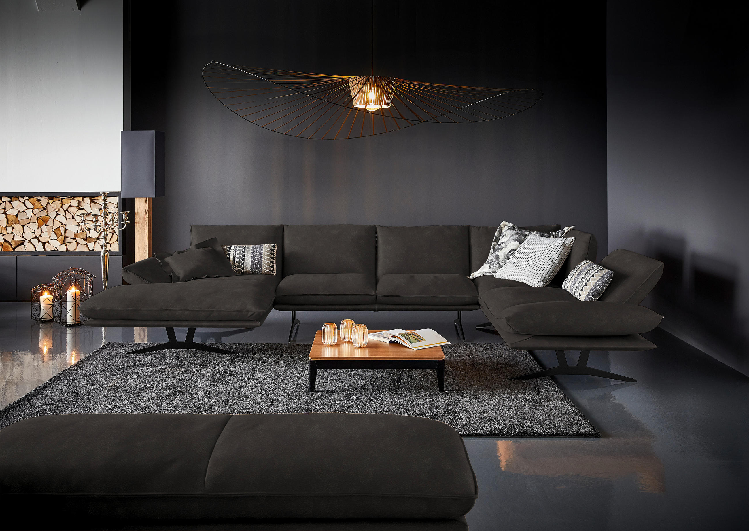 WOHNLANDSCHAFT in Echtleder Graubraun  - Graubraun/Schwarz, Natur, Leder/Metall (155/359/217cm) - Dieter Knoll