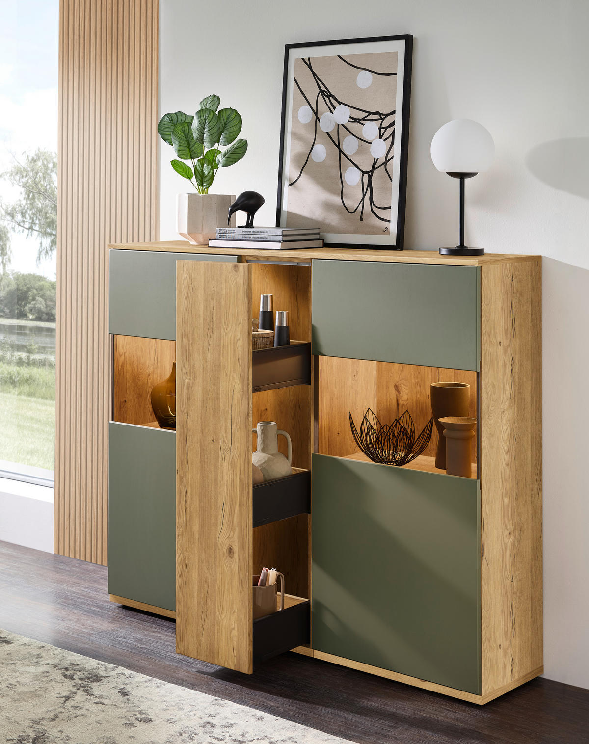 HIGHBOARD Eichefarben, Schilfgrün  150/131/40 cm  - Schilfgrün/Eichefarben, KONVENTIONELL, Glas/Holzwerkstoff (150/131/40cm) - Venda