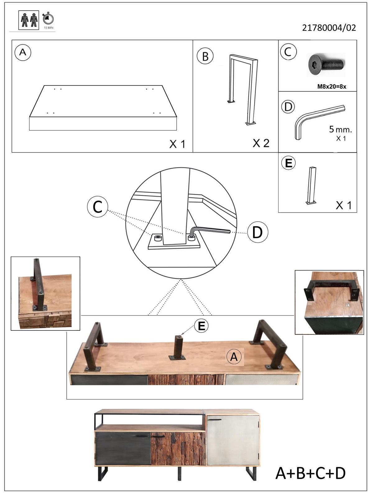 LOWBOARD  in 175/77/40 cm  - Hellbraun/Schwarz, Design, Holz/Stein (175/77/40cm) - Carryhome