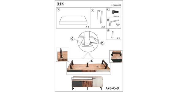 LOWBOARD in 175/77/40 cm - Hellbraun/Schwarz, Design, Holz/Stein (175/77/40cm) - Carryhome