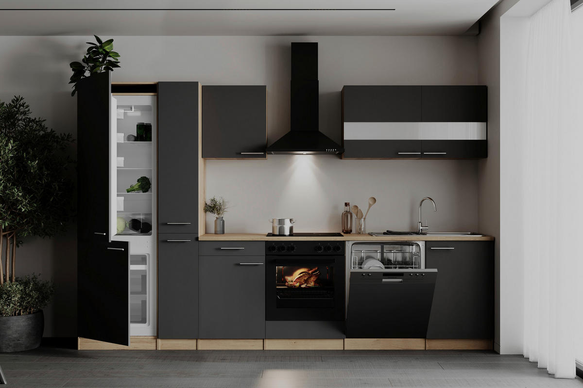 KÜCHENBLOCK 310 cm   in Grau  - Edelstahlfarben/Eichefarben, Basics, Holzwerkstoff/Metall (310cm) - Respekta